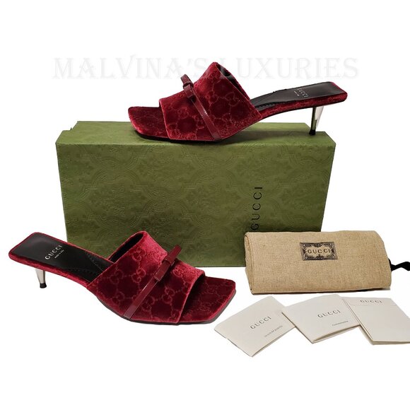 GUCCI SHOES GG LOGO BURGUNDY VELVET w BOW DETAIL SLIDES sz 38 8 US - Picture 2 of 15